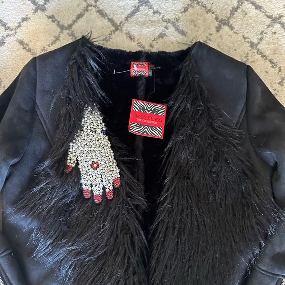 Simon Chang Black Faux Fur Coat Rhinestone Glove Embellishment Faux Fur Size 10 - Picture 5 of 11